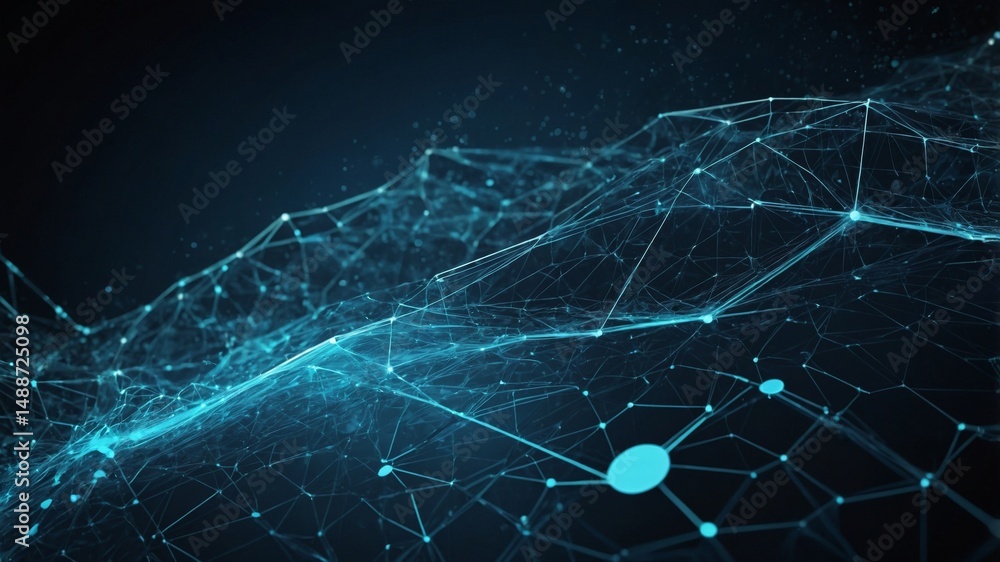 Aufkleber Digital Network Connecting Lines and Nodes Form Abstract Landscape in Deep Blue Color, Illustrating Advanced Technology and Data Flow in a Modern Environment