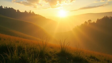 Obraz premium Sunrise Over Mountain Valley Highlights Morning Mist and Lush Grasslands in Tranquil Rural Setting