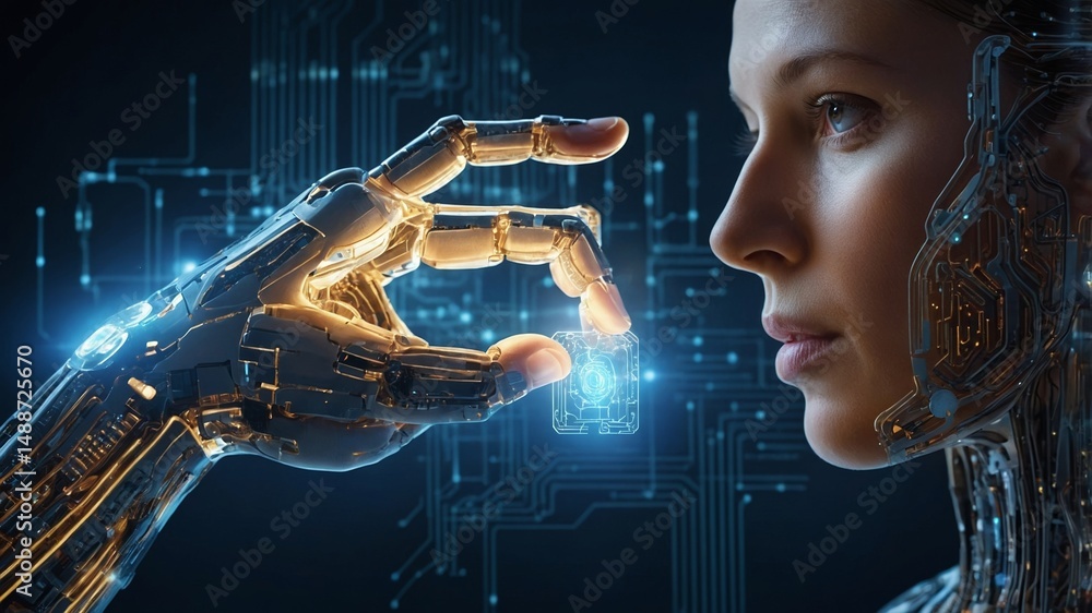 Poster human and robot interaction in a futuristic setting showcases advanced technology and artificial int