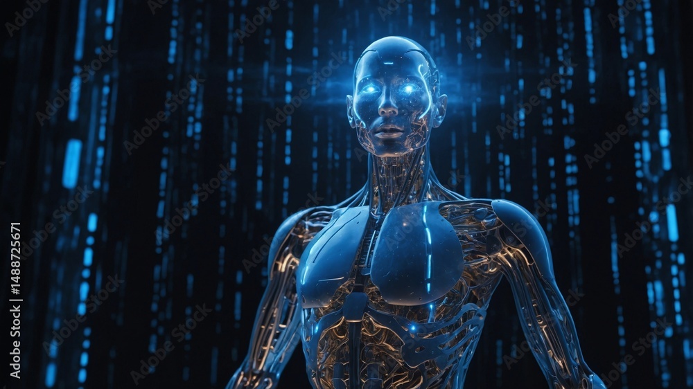 Poster futuristic humanoid robot with glowing features in a digital environment showcasing advanced technol
