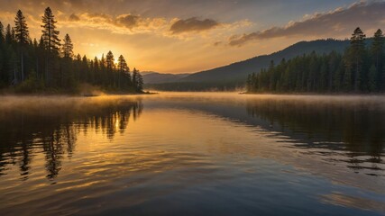Obraz premium Tranquil Sunrise Over Calm Lake With Mist Rising and Trees Lining the Shore, Captured in the Morning Light in a Serene Wilderness