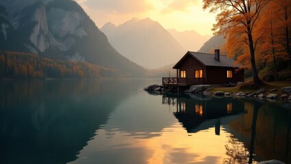 Fototapeta premium Cozy Cabin by the Lake During Autumn Sunset With Reflected Mountains and Colorful Foliage in Serene Landscape