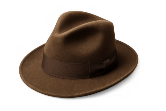 Classic brown fedora hat with dark brown ribbon isolated on transparent background, perfect for fashion or vintage-themed projects