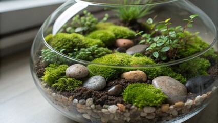 Clear glass bowl terrarium close up showing green plants moss nature display