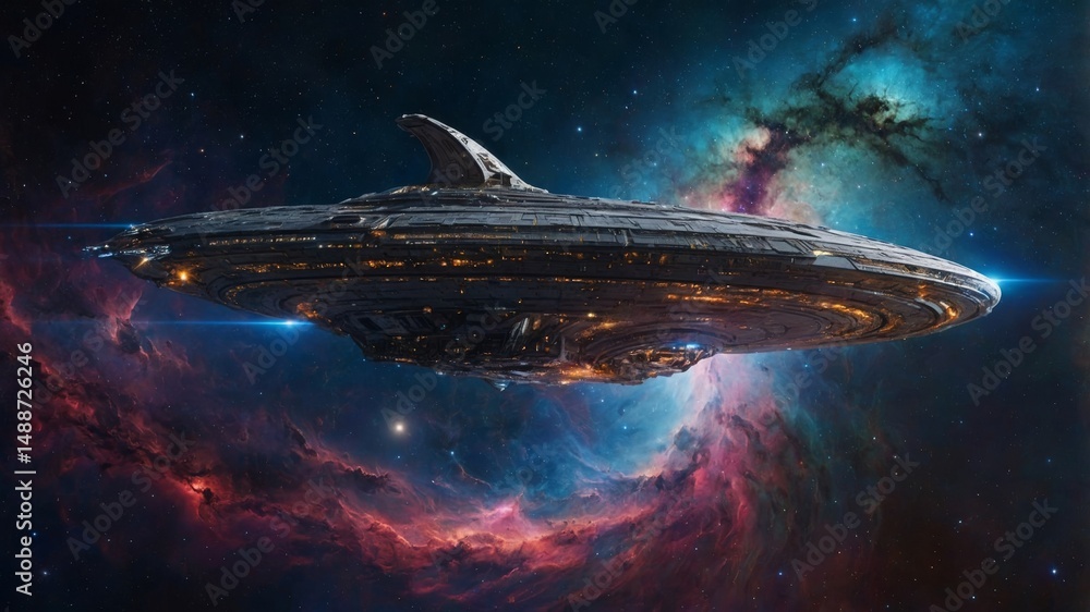 Poster spaceship gliding through colorful cosmic clouds in distant galaxy during an imaginative exploration