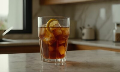 Refreshing Iced Tea with Lemon Slice in Glass on Kitchen Counter