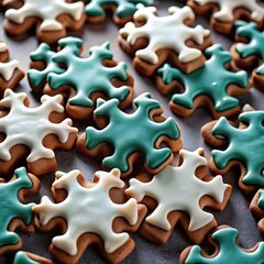 Fototapeta premium Closeup of Brown Teal White Puzzle Shaped Christmas Cookies on Dark Surface