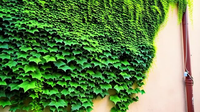 Lush green ivy climbing up a beige building wall, covering the facade with dense foliage creating a nature texture background.
