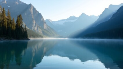 Obraz premium Morning Mist Envelops a Tranquil Lake Surrounded by Towering Mountains and Evergreen Trees at Sunrise, Creating a Serene Natural Landscape