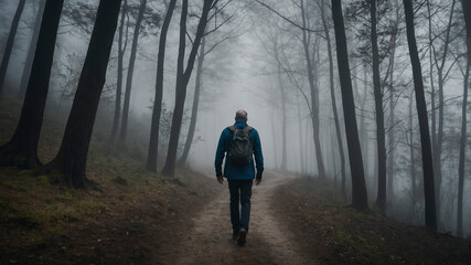 Obraz premium Lone Person Walking on Foggy Forest Trail in Autumn 