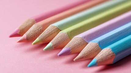 Pastel colored pencils arranged in a row on a pink surface