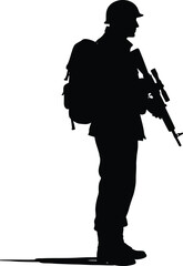 Detailed Silhouette of Soldier with Assault Rifle in Gritty War Zone Setting with Cinematic Lighting

