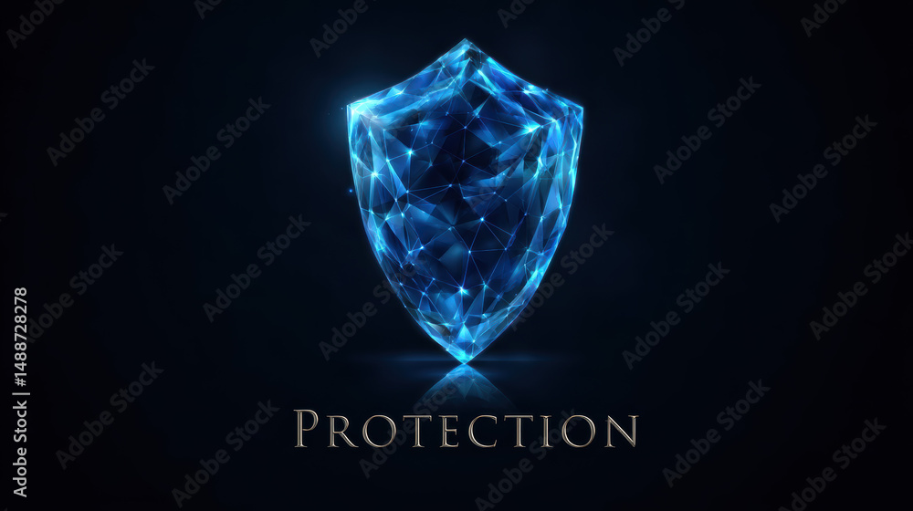 Poster digital representation of a shimmering shield symbolizing protection in a futuristic design
