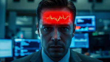 Businessman analyzing stock market trends with digital graphics overlay in a modern office environment - Powered by Adobe