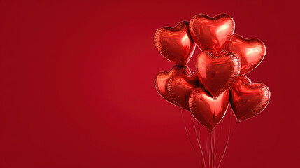 Heart-shaped balloons filled with love against a vibrant red background for celebrations or special moments