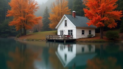 Fototapeta premium Charming White Cottage by a Tranquil Lake Surrounded by Vibrant Autumn Foliage on a Misty Morning
