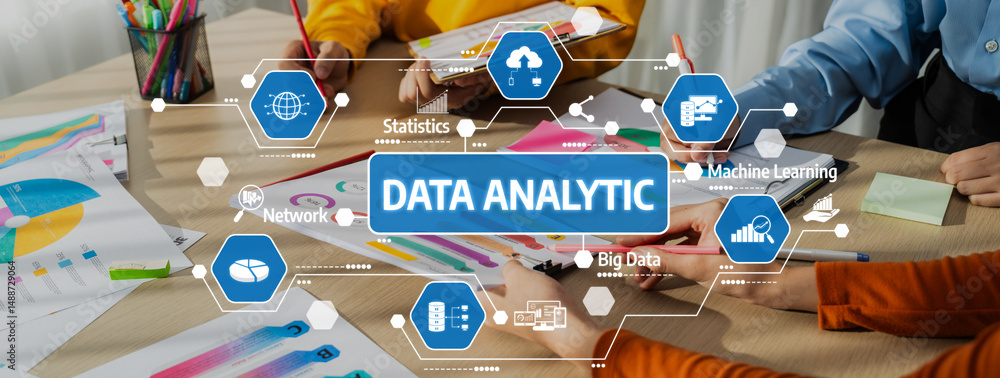 Poster startup company employee working together, analyzing bi dashboard paper on financial data report and