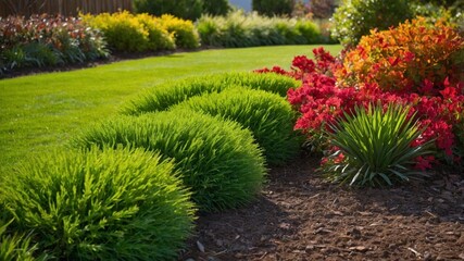 Obraz premium Lush Garden Landscape Featuring Vibrant Flowers and Well-Maintained Greenery in a Serene Outdoor Setting During Daylight