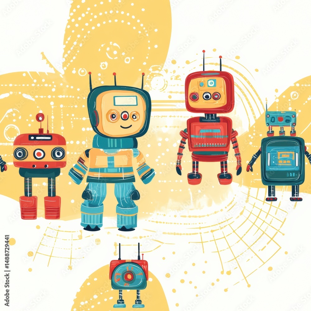 Poster playful preschool tech theme featuring colorful cartoon robots and gadgets arranged in a dynamic lay