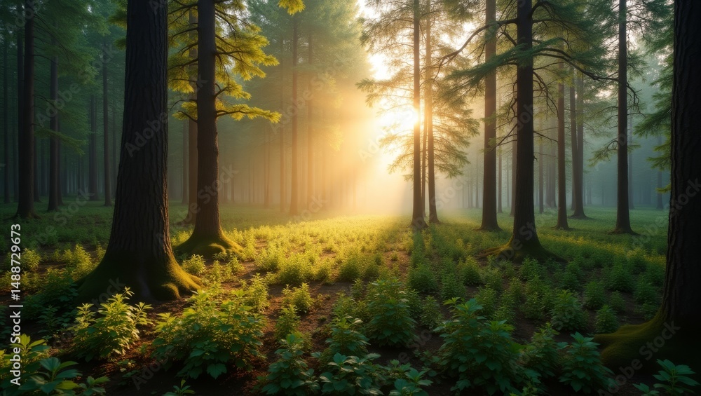 Poster sunlight filters through tall trees in a serene forest at dawn, creating a tranquil atmosphere and i