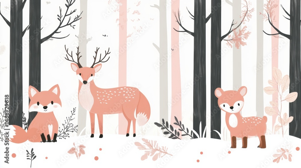 Poster stylized animals in a scandinavian nursery forest featuring clean lines and soft colors within a ser