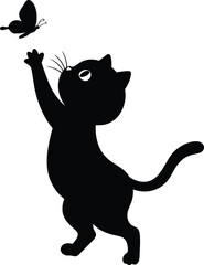 Minimalist Black Cat Silhouette Chasing Butterfly Vector Illustration in Monochrome Art

