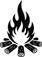 Minimalist Black and White Silhouette Vector of Campfire with Firewood at Campsite in Nature


