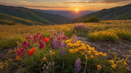 Fototapeta premium Vibrant Wildflowers Bloom in a Picturesque Valley During Sunset, Showcasing Nature's Beauty in Full Bloom Amidst Rolling Mountains