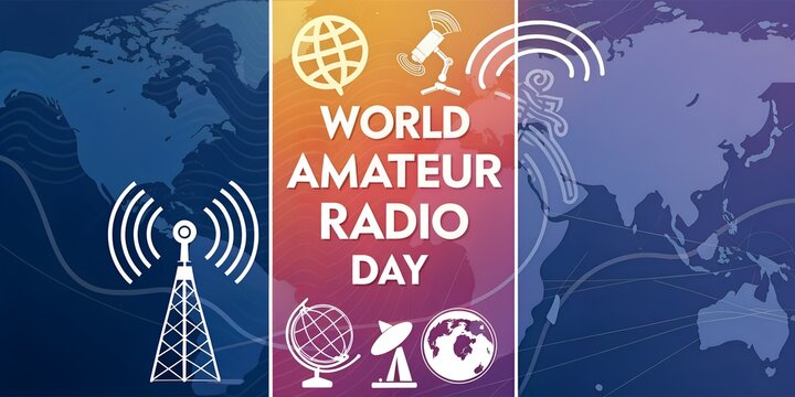 Colorful flat illustration celebrating World Amateur Radio Day, featuring radio towers, globes, communication symbols, vibrant background, world map, global connectivity and amateur radio culture