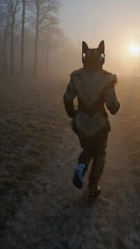 Loup anthropomorphe courant au lever du soleil dans une for&ecirc;t brumeuse, sc&egrave;ne sportive et surr&eacute;aliste

