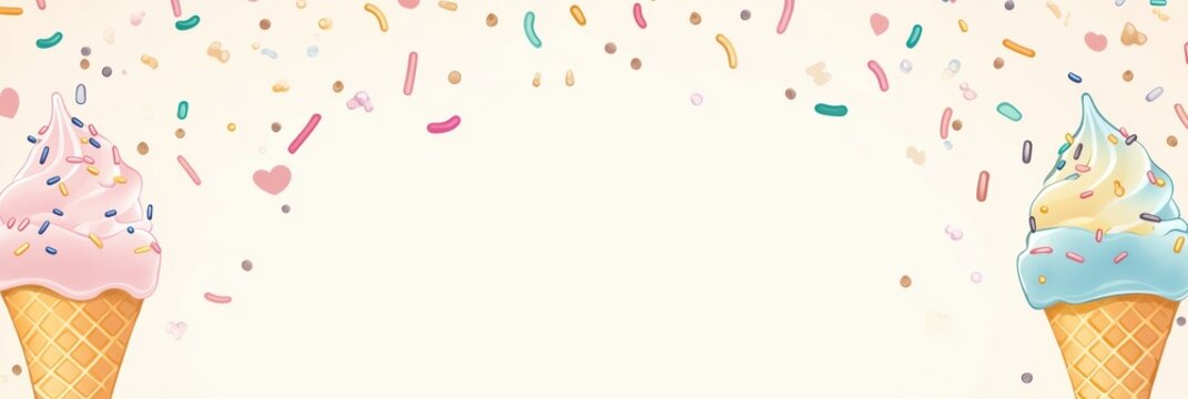 Cute ice cream cones with sprinkles in a pastel preschool background, perfect for childrens party invitations and decorations - Powered by Adobe
