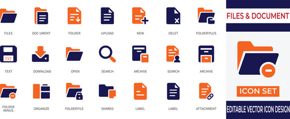 Minimal files and document icon set featuring folders, sheets, formats, and digital file management elements.
