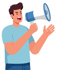 Fototapeta premium Young man speaking through megaphone announcement and communication vector illustration 