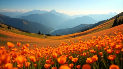 Fototapeta premium Vibrant Orange Flowers Bloom in a Serene Valley at Sunset, Surrounded by Majestic Mountains and a Clear Blue Sky