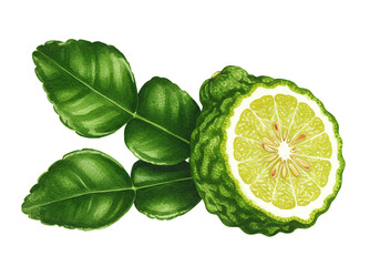 A watercolor illustration of a halved bergamot fruit with leaves on a white background in vibrant colors