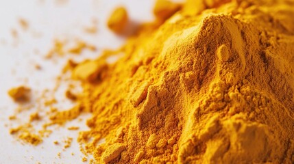 Close-up of bright yellow powder, piled high, scattered on a white surface