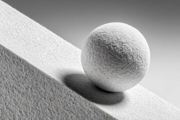 A grayscale depiction of a sphere balanced on a slanted plane.