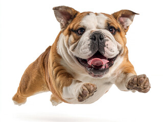 Obraz premium A dynamic, joyful brown white bulldog mid-action jump or run, mouth open, paws extended, natural lighting, realistic style - AI-Generated