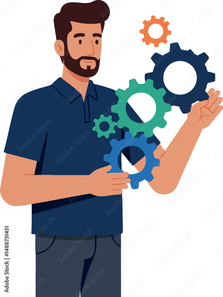 Aufkleber man holding colorful gears symbolizing engineering and technology concepts in vector illustration