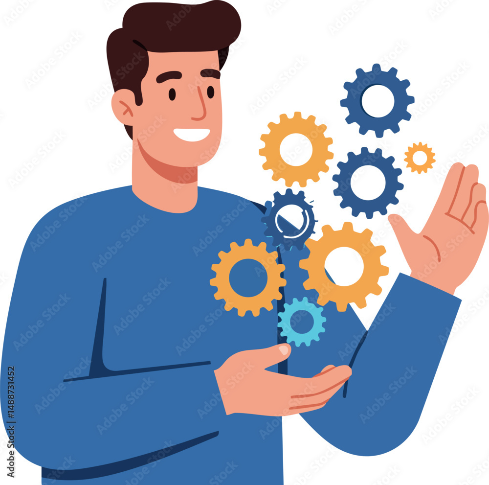 Poster man smiling with floating gears blue and orange vector illustration in technology concept