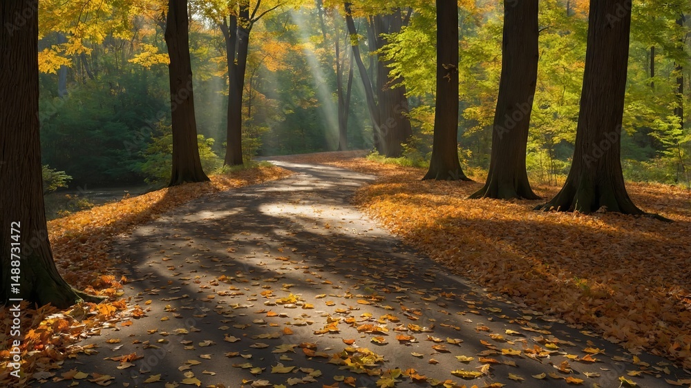 Poster autumn path lined with trees and fallen leaves in a serene forest during golden hour