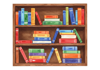 A wooden bookshelf filled with colorful books arranged on three shelves in a watercolor style image