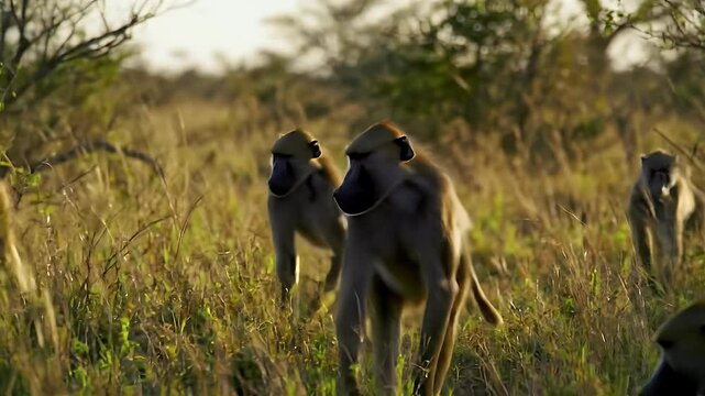Baboon Troop Strolling Through African Savanna