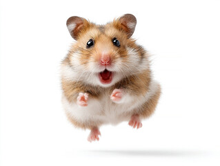 Close-up photograph of a surprised hamster mid-jump, with brown body and white markings Light background, bright lighting, shallow depth of field - AI-Generated