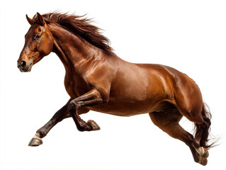 Obraz premium A dynamic photograph of a brown horse in full gallop against a white background, with lighting from above creating soft shadows The horses mane flows backward and the composition emph - AI-Generated