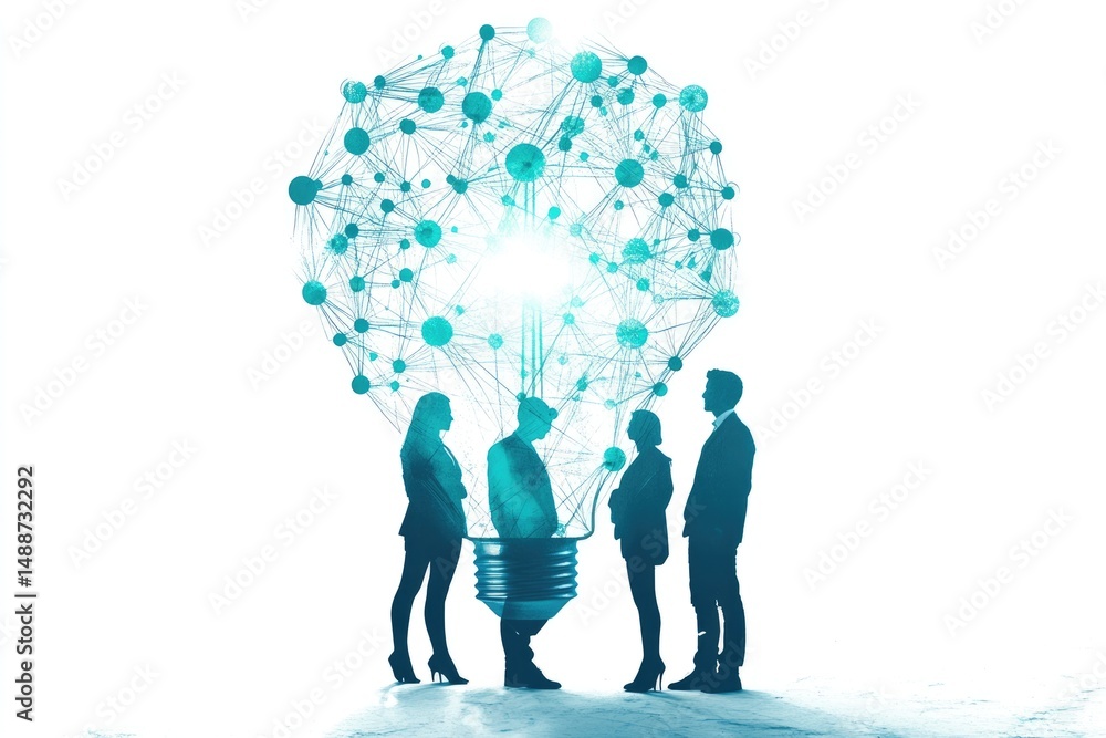 Aufkleber a group of business people stands near a large lightbulb with network connections, symbolizing innov