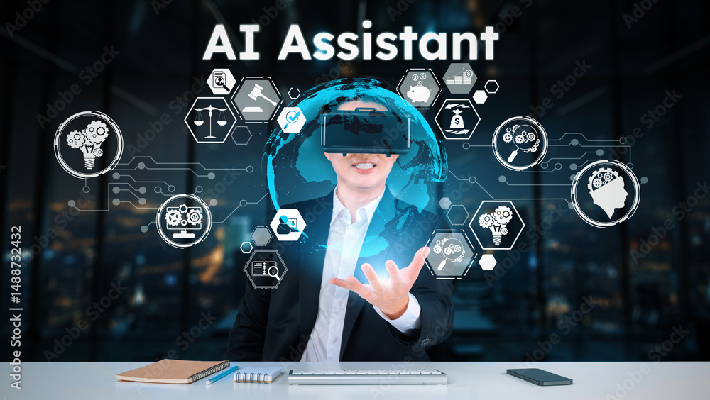 Poster business man with goggles working while using ai technology. project manager with formal suit checki