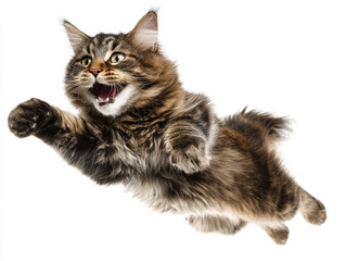 Fototapeta premium A grey and black fluffy cat mid-air, reaching or landing, open mouth revealing teeth and inner lips Soft white background with focused lighting on the subject - AI-Generated