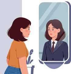 Fototapeta premium Woman reflecting on self image looking in mirror with thoughtful expression vector illustration 