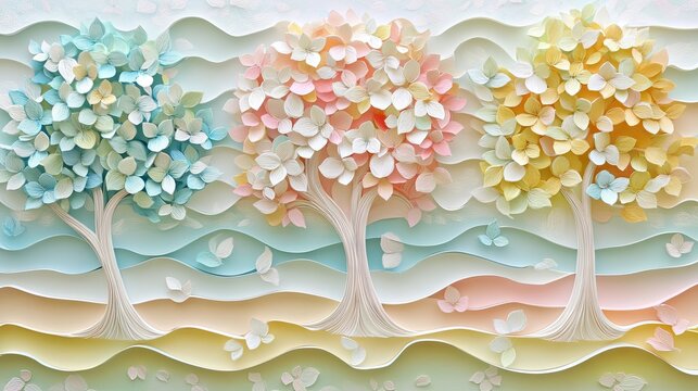 Pastel colored paper art trees in layered landscape.